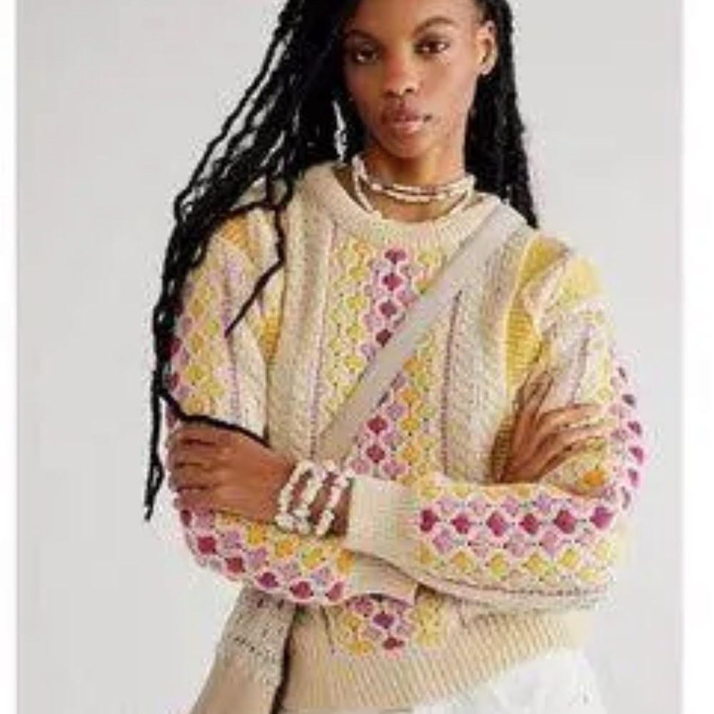 Free People X Mad Brown Knitwear Recycled Sweater/Jumper Cream/Pink/Yellow SZ OS - Picture 7 of 15